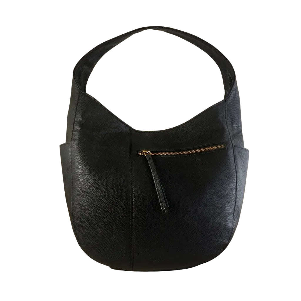 Black faux leather handbag with a gold zipper on a beige background